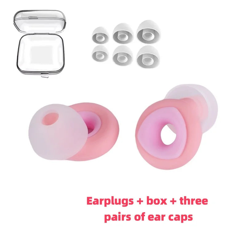 Pink and white noise cancelling earbuds with carrying case and 3 different sizes of ear buds.