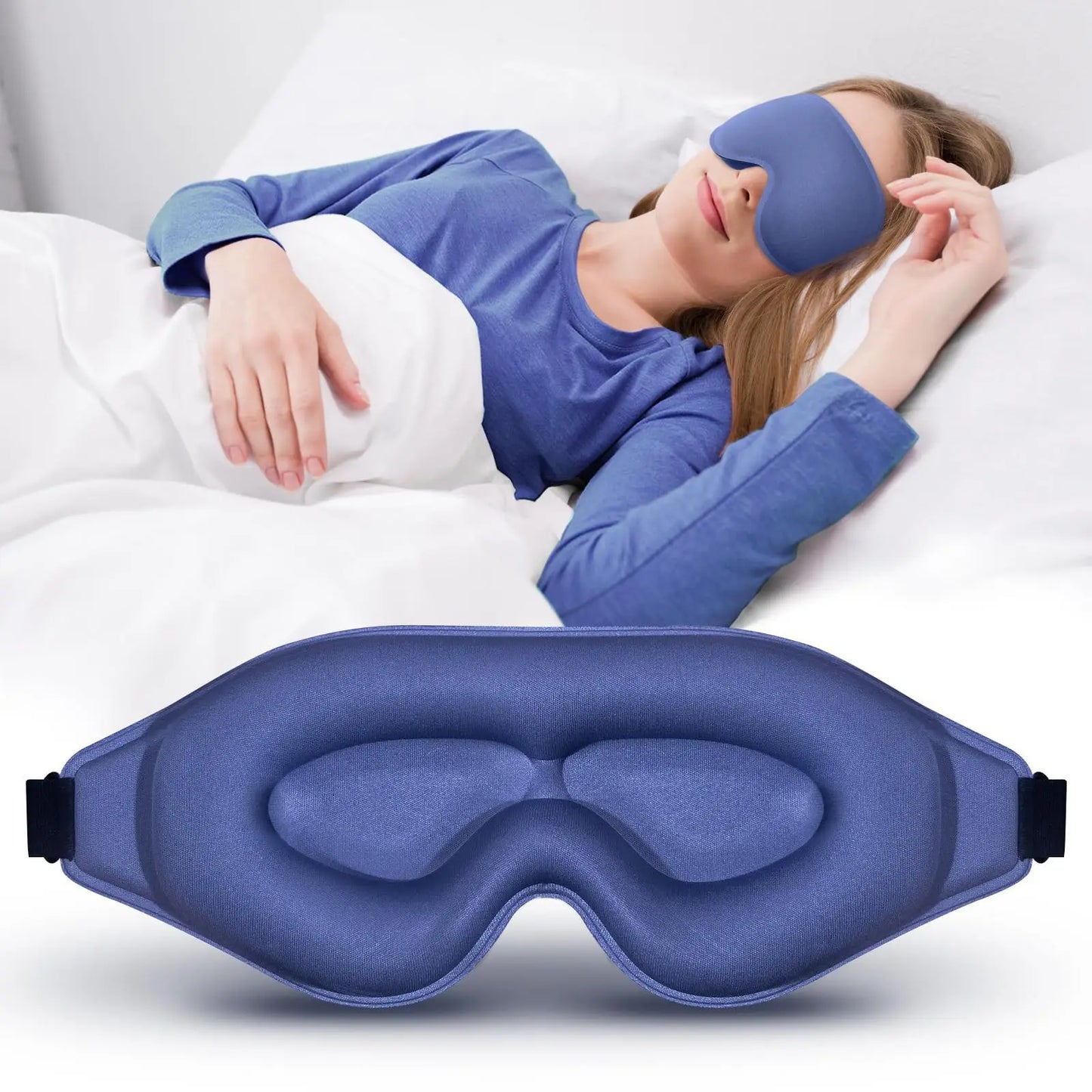 Person wearing a blue sleep mask lying in bed, with a close-up of the mask below.