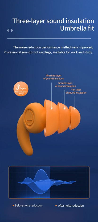 Orange earplug with three-layer sound insulation on a blue background
