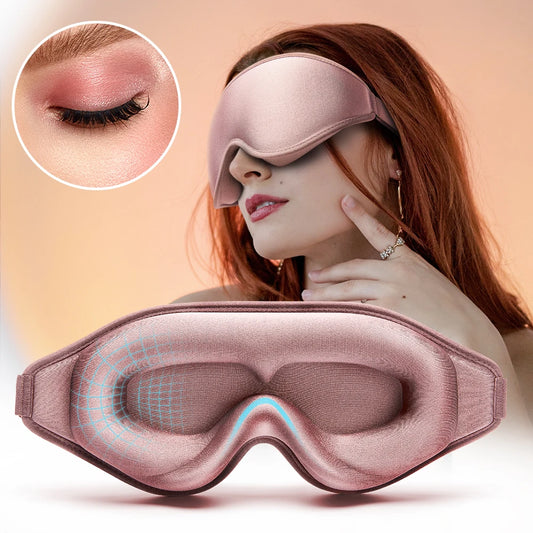 Woman wearing a pink eye mask with a close-up of how the eye mask does not interfere with her long lashes.