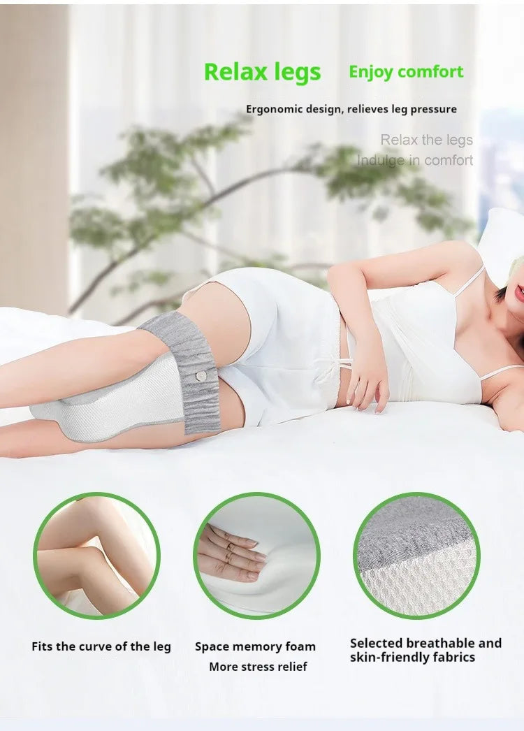 Woman lying on a bed with leg support device that fits curve of leg, space memory foam for better support and breathable fabrics.