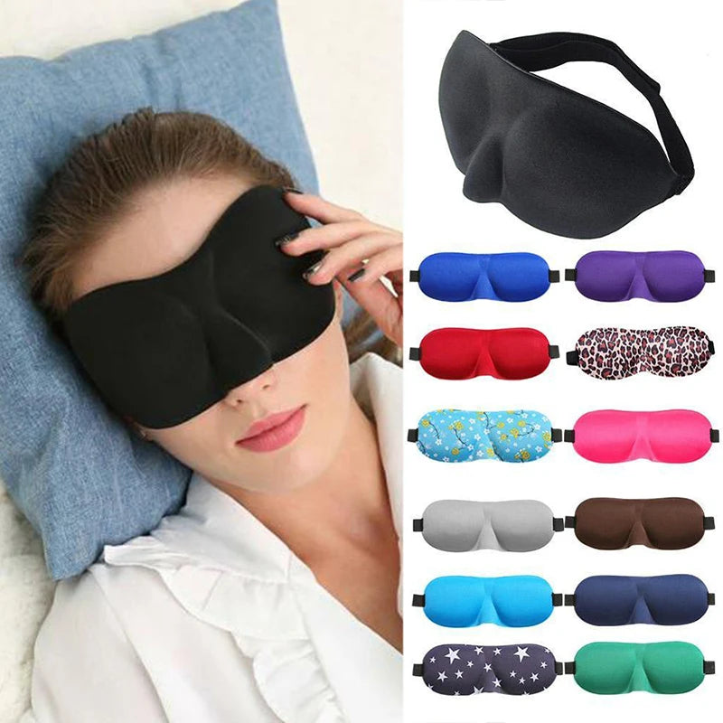 Woman wearing a black sleeping eye mask with various color options.