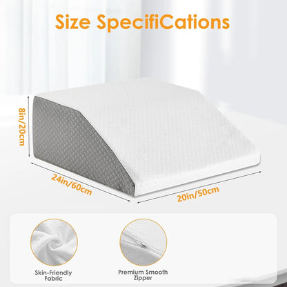Measurement chart of a wedge inclined acid reflux pillow with dimensions and fabric details.