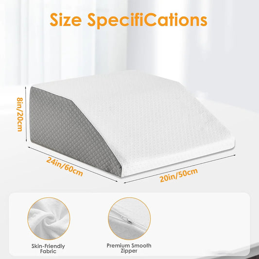 Measurement chart of a wedge inclined acid reflux pillow with dimensions and fabric details.
