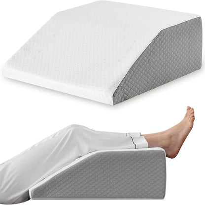 Gray and white wedge inclined acid reflux pillows with a person using them on a white background