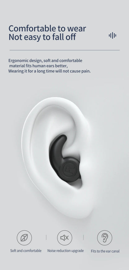 Ergonomic earbud design with text on comfort and ease of use.