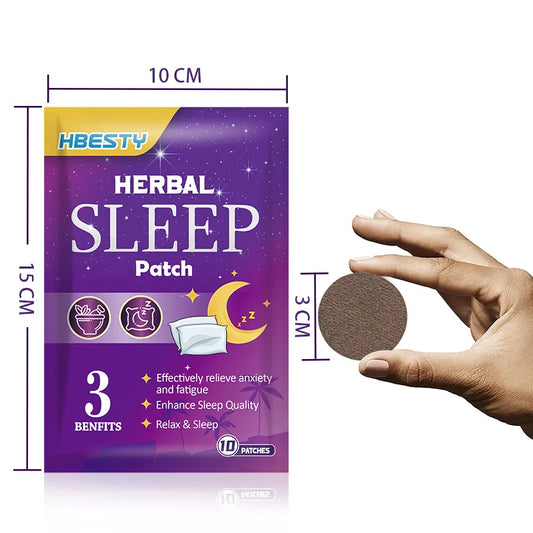 All Natural Herbal sleep patch packaging with a hand holding a 3cm- patch.