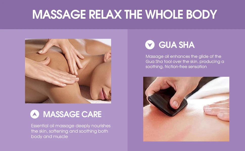 Advertisement for massage services with Gua Sha tool and massage oil on a purple background.