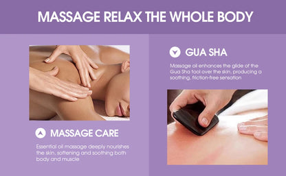 Advertisement for massage services with Gua Sha tool and massage oil on a purple background.