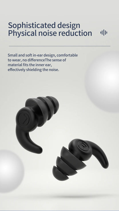 Black earbud with text on a white background