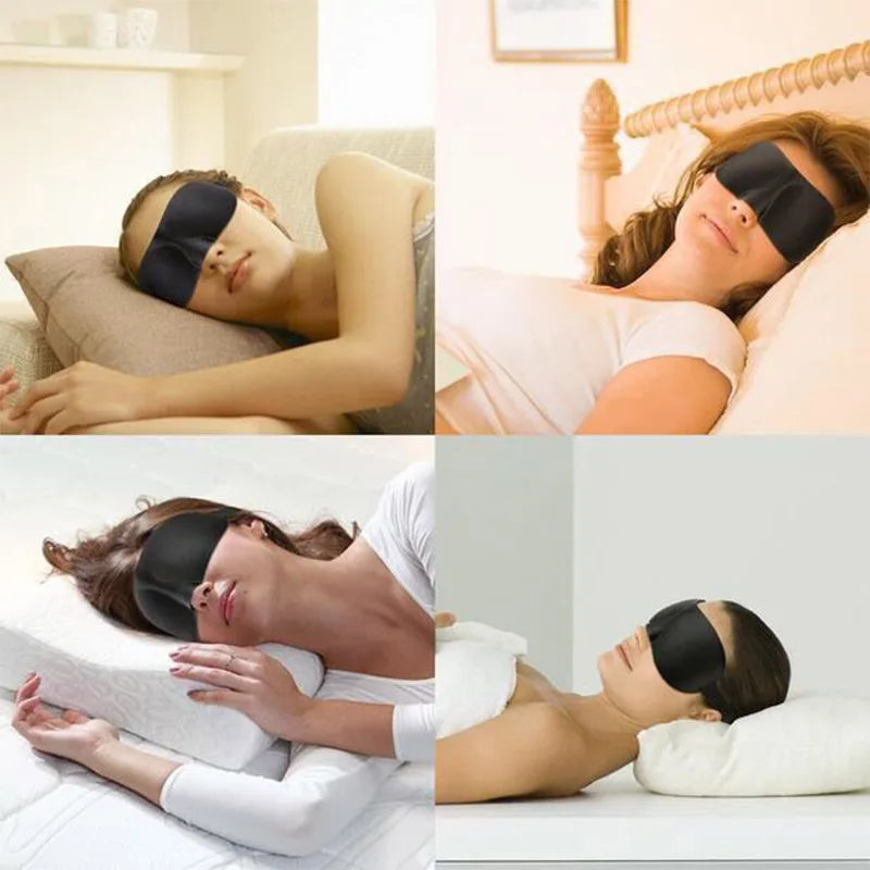 Collage of a woman wearing a black sleeping eye mask sleeping comfortably.