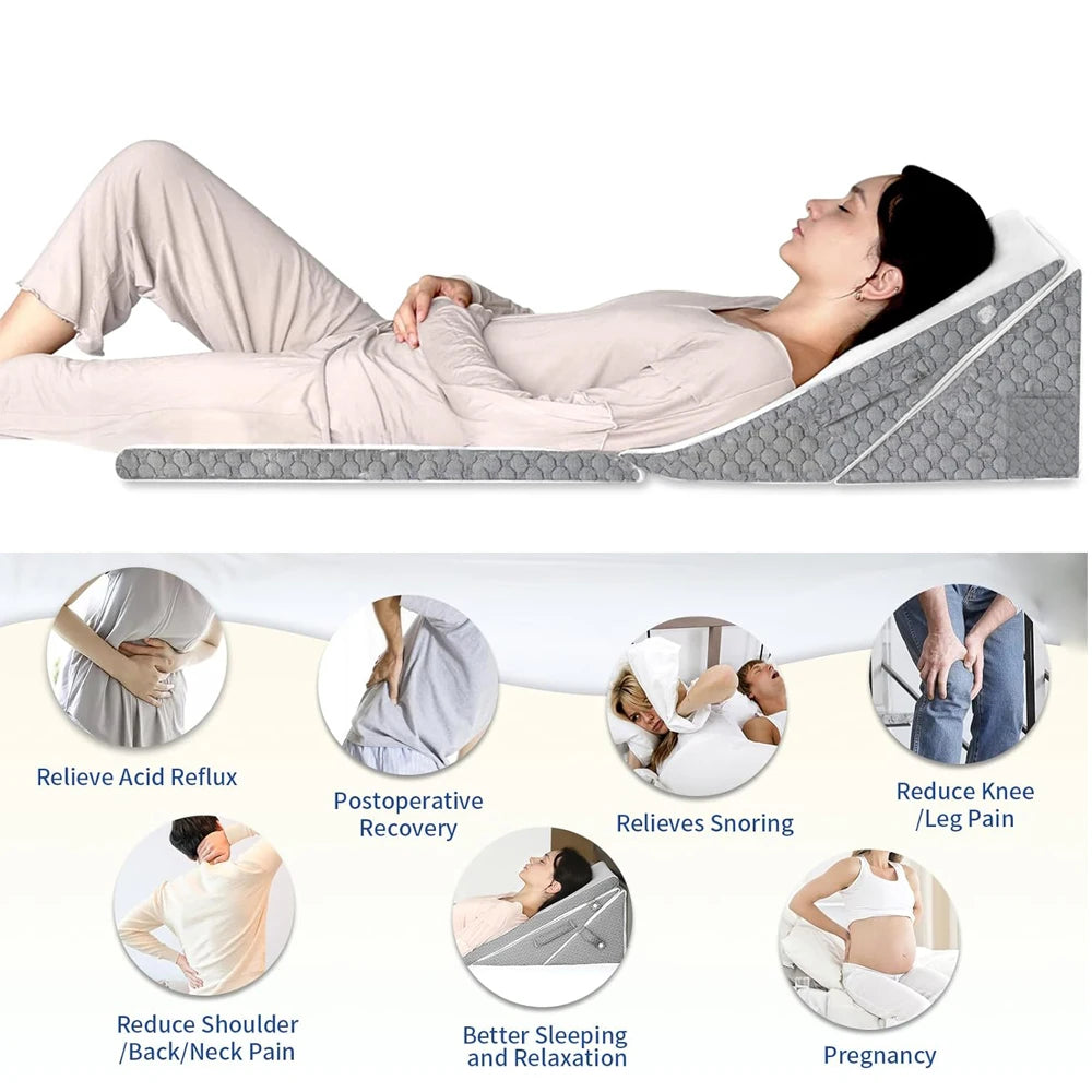 Woman using a wedge pillow with health benefits displayed below