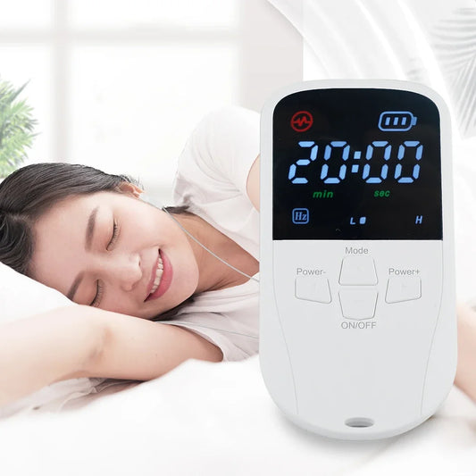Cozinc brand CES Micro-current sleep device with ear clip used by a sleeping lady.