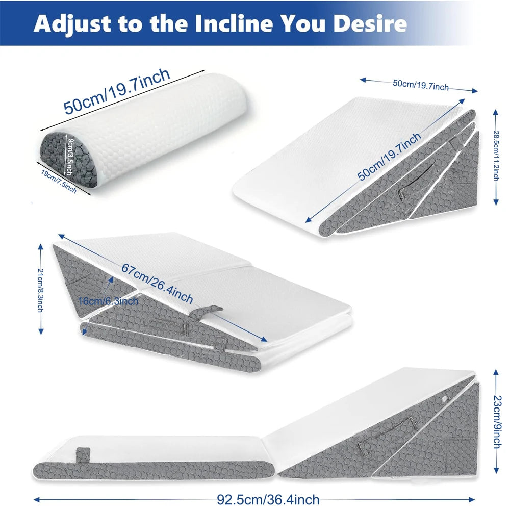 Adjustable wedge pillow with measurements on a white background