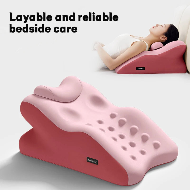 Pink wedge-shaped pillow with a person lying on it, elevated sleep position prevents acid back=flow. 