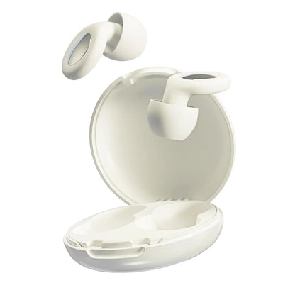 White wireless noise reduction earbuds with charging case.