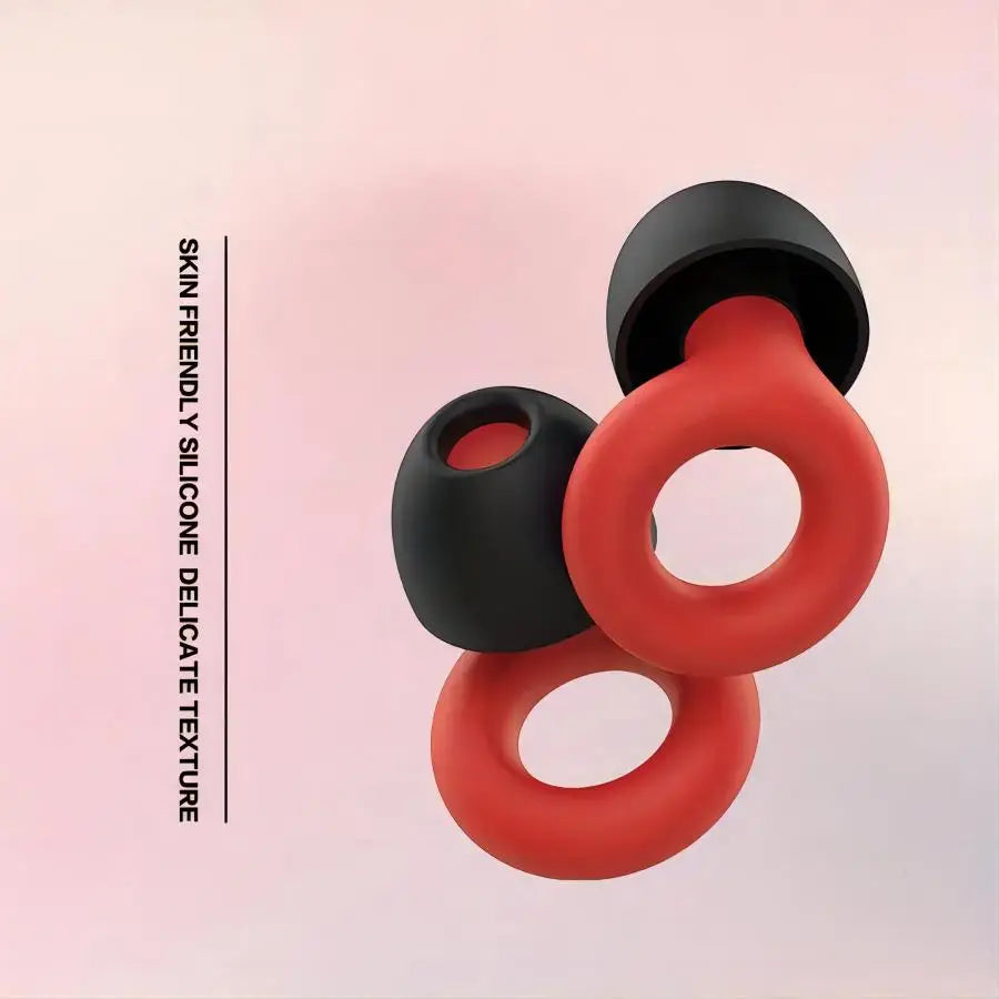 Red and black noise reduction earbuds.