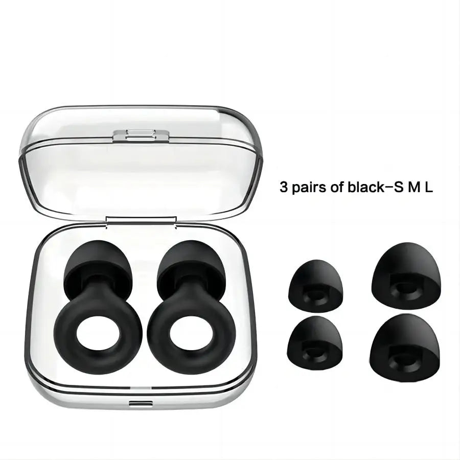 Black noise reduction earbuds with different sizes and carrying case.