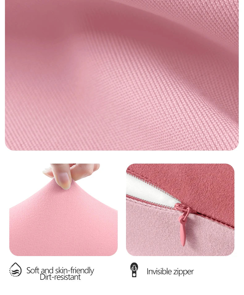 Close-up of pink fabric with a hand holding it, and a zipper detail on a white background.
