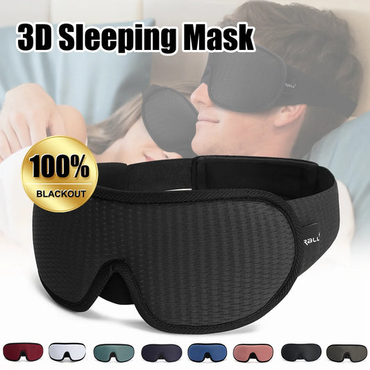 Black 3D sleeping mask with '100% Blackout' label, with 8 colour variations.
