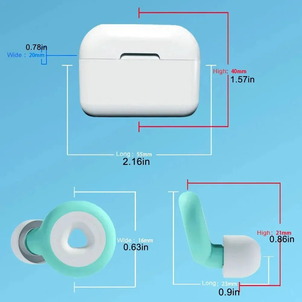 Measurement chart of a white electronic device and green earbud on a blue background