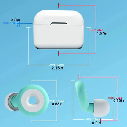 Measurement chart of a white electronic device and green earbud on a blue background