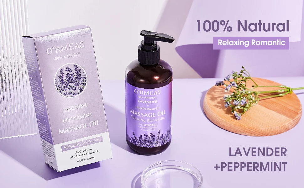 O'Beaas lavender peppermint massage oil with packaging on a light purple background