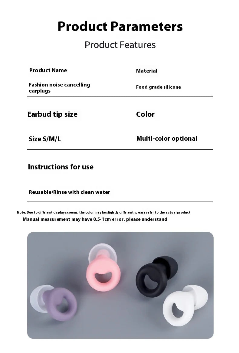 Product specifications and features of the noise cancelling earplugs.