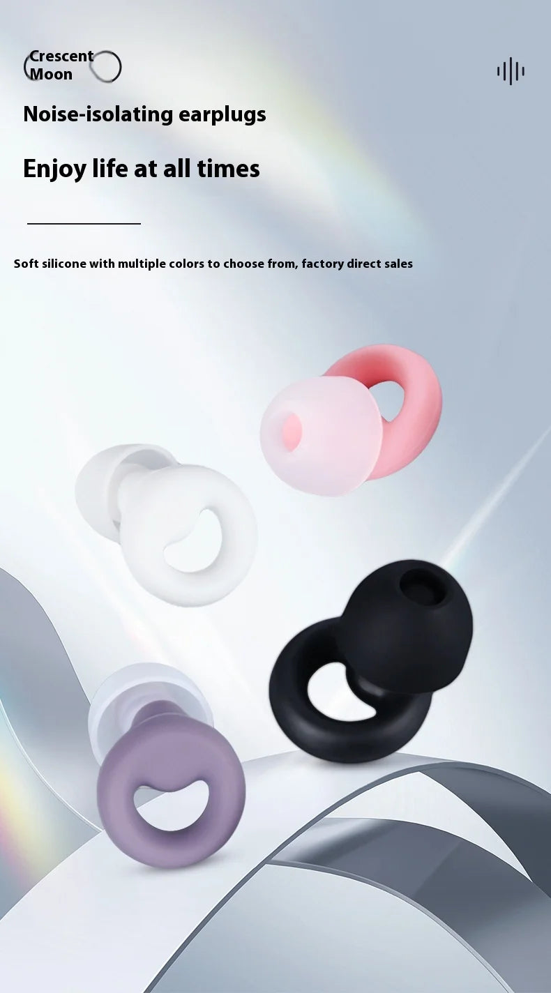 Noise-isolating earplugs with soft silicone design in white, pink, black and purple colours.