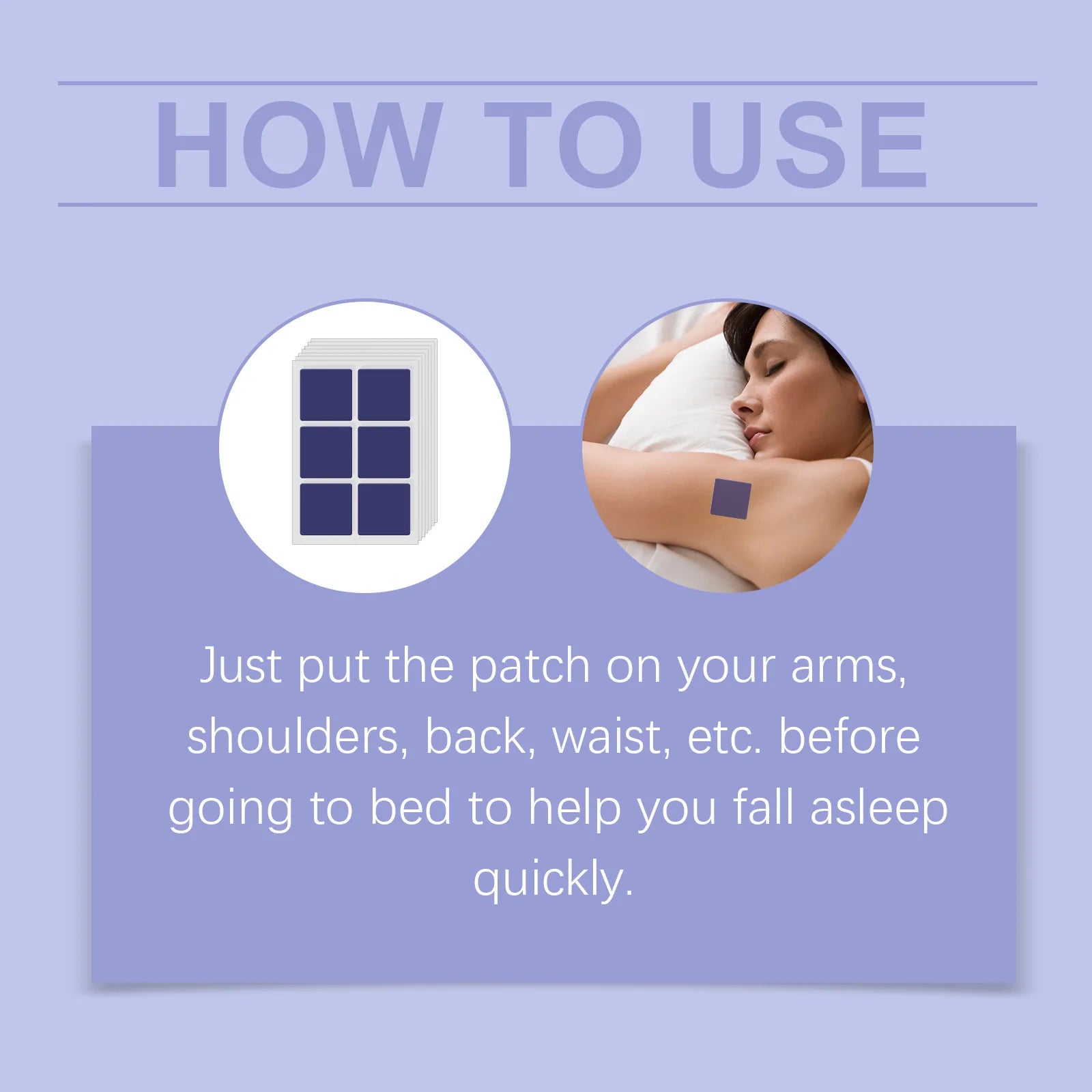 Instructions on how to use a patch, with text and images of a patch and a person applying it.