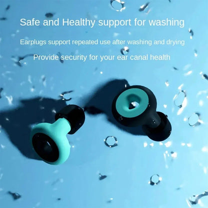 Pair of earplugs on a blue background with water droplets, text about safety and hygiene.