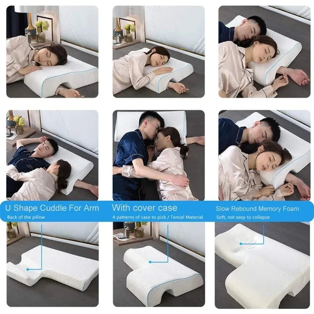 Collage of people using a U-shaped cuddle pillow with text detailing features.