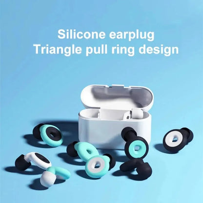 Silicone earplug with triangle pull ring design on a blue background