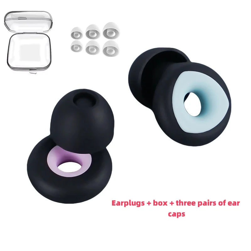 Black and blue and pink noise cancelling earbuds with carrying case and 3 different sizes of ear buds.