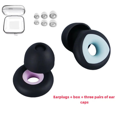 Black and blue and pink noise cancelling earbuds with carrying case and 3 different sizes of ear buds.