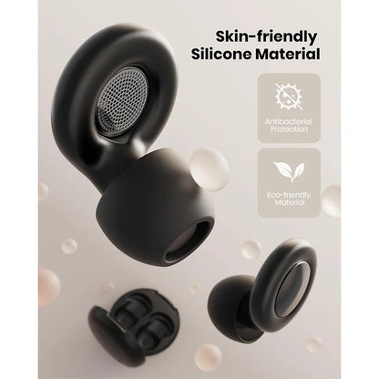 Black silicone noise reduction earbuds with antibacterial and eco-friendly material that are skin-friendly.