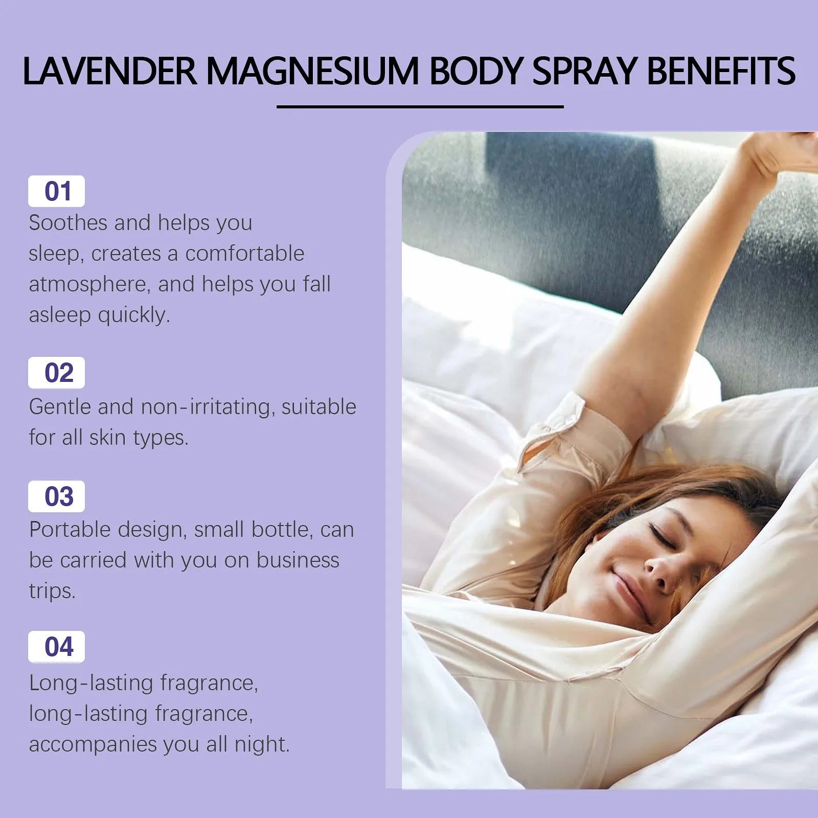 Woman waking up feeling refreshed after using the lavender magnesium body spra.