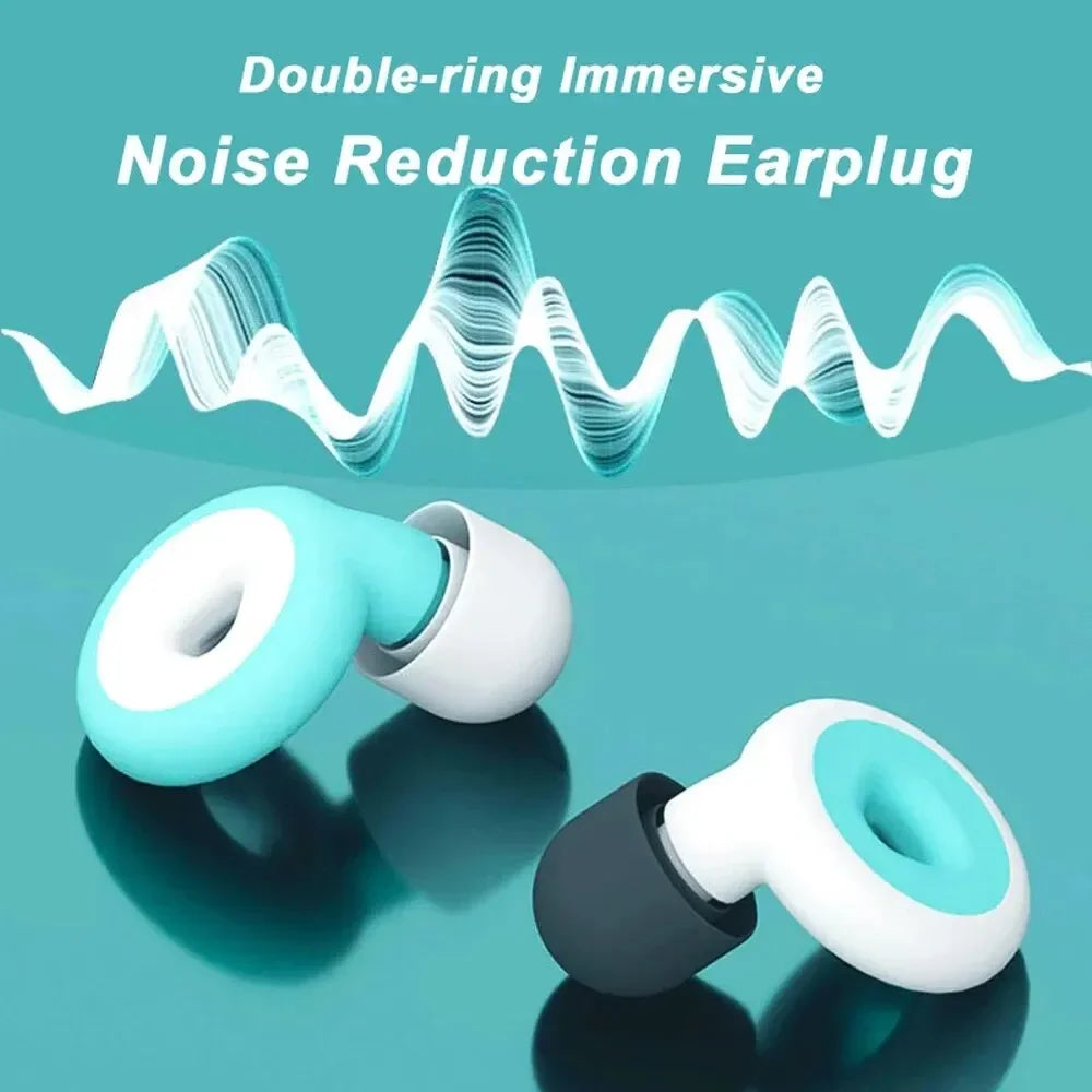 Double-ring immersive noise reduction earplugs on a teal background with sound wave graphics.