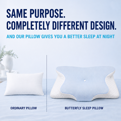 A promotional comparison graphic for a sleep pillow. On the left, a plain white rectangular pillow is labeled 'Ordinary Pillow.