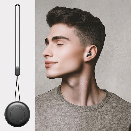Man wearing a wireless earbud with a gray background