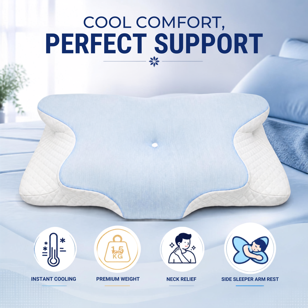 A contoured neck pillow in light blue and white, displayed on a bed with promotional text reading 'COOL COMFORT, PERFECT SUPPORT' and four feature icons for instant cooling, premium weight, neck relief, and side sleeper arm rest.