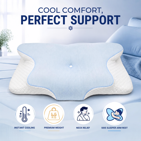 A contoured neck pillow in light blue and white, displayed on a bed with promotional text reading 'COOL COMFORT, PERFECT SUPPORT' and four feature icons for instant cooling, premium weight, neck relief, and side sleeper arm rest.